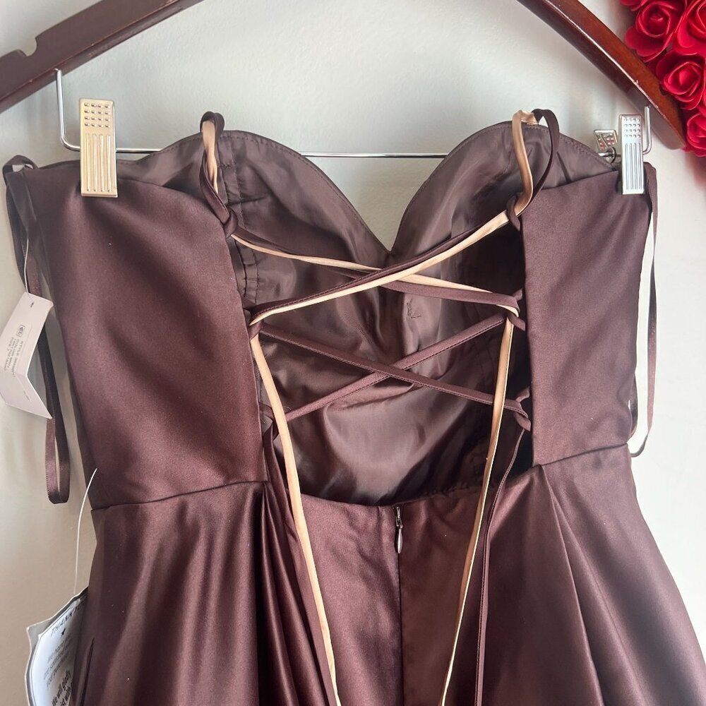 Blondie Nites Lamour Lace-Up Mini Satin Skater Dress Sz 7 in Brown Chocolate - Picture 5 of 13